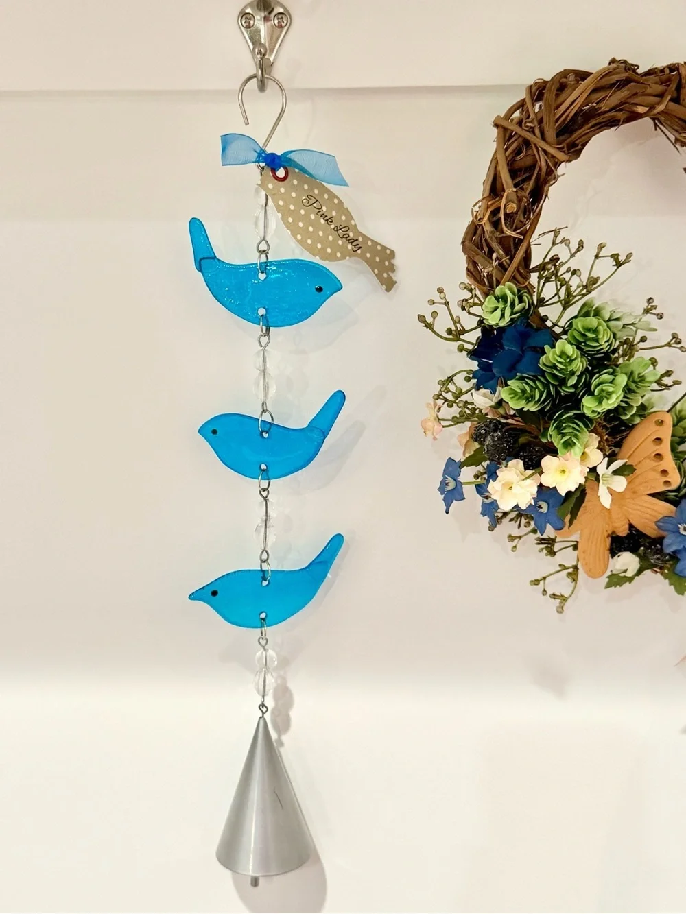New Blue Glass Birds Suncatcher Wind Chime w/ Beads & Metal Bell - 17”